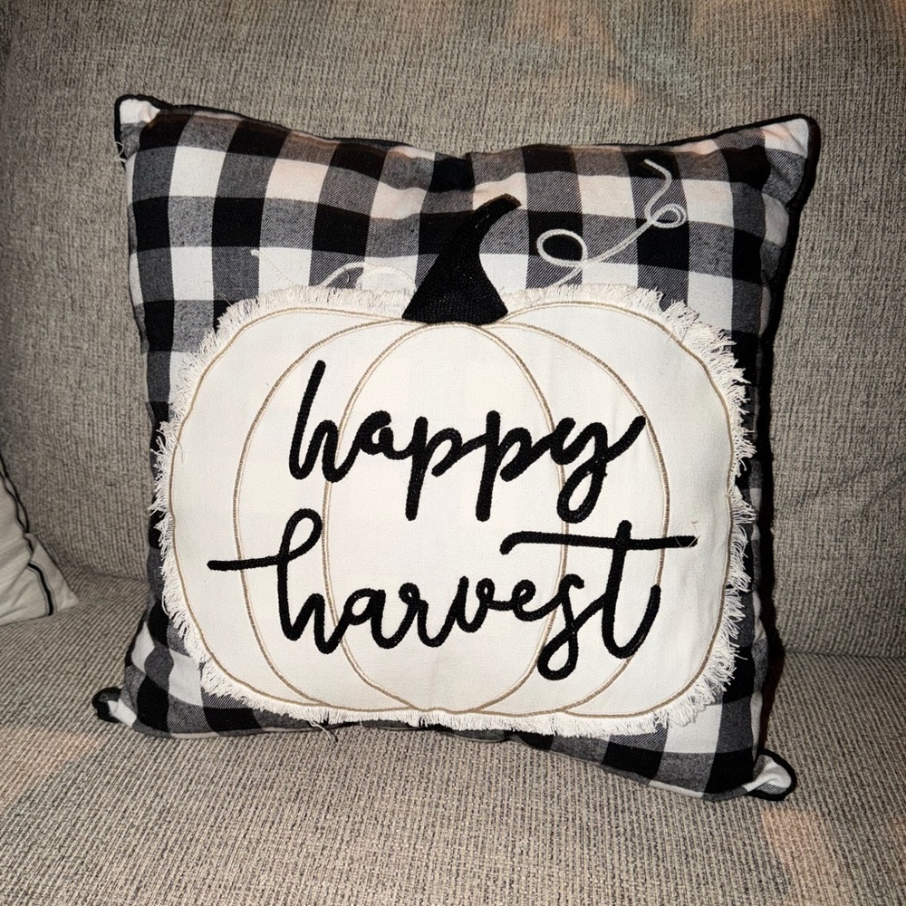 Black and White Plaid Happy Harvest Pillow